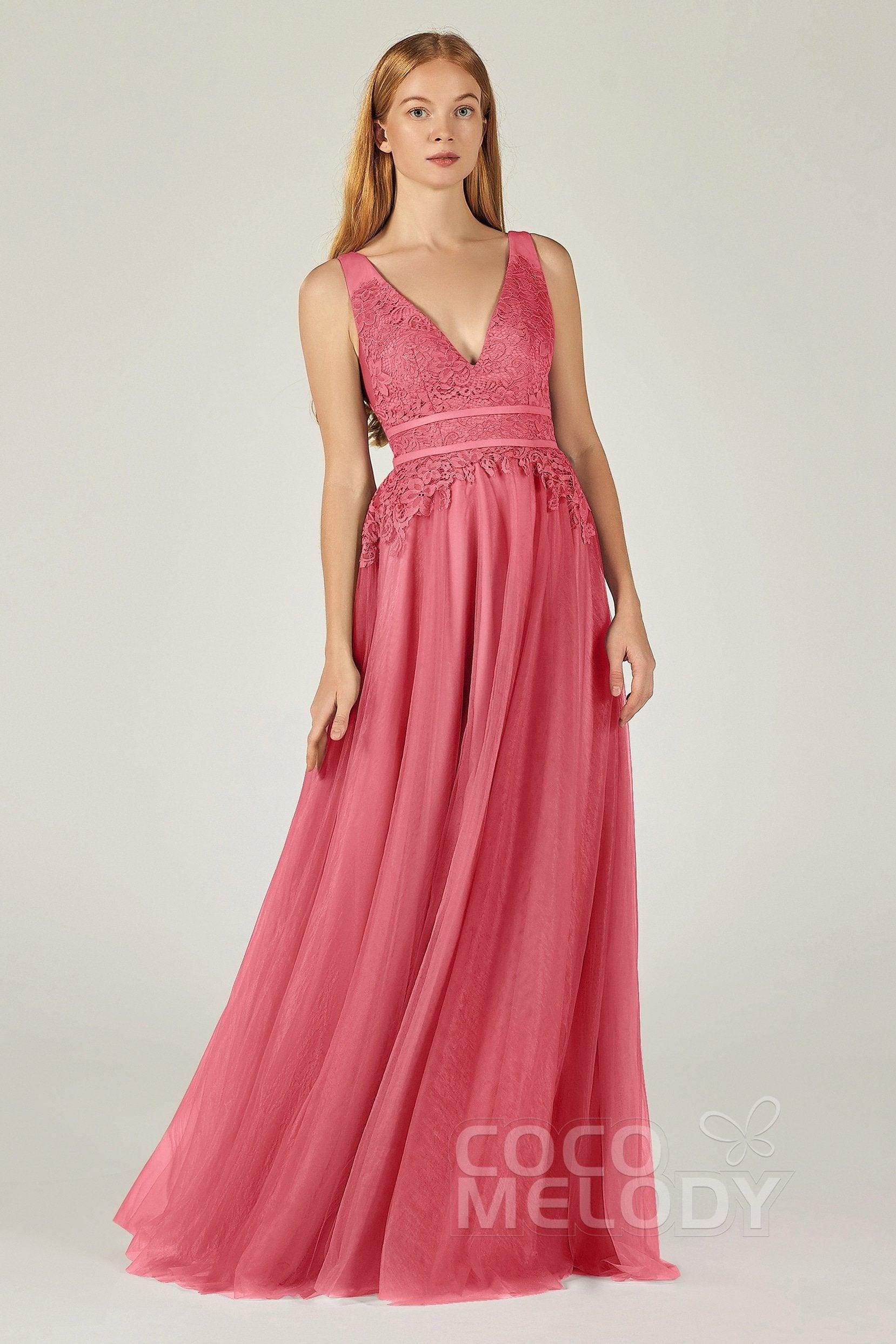 A-Line Floor Length Tulle Lace Bridesmaid Dress CB0379 - COCOMELODY